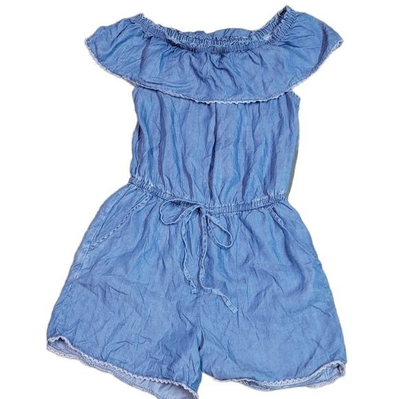 beachlunchlounge Pants - Beachlunchlounge Denim Ruffle Off The Shoulder Romper Size Small